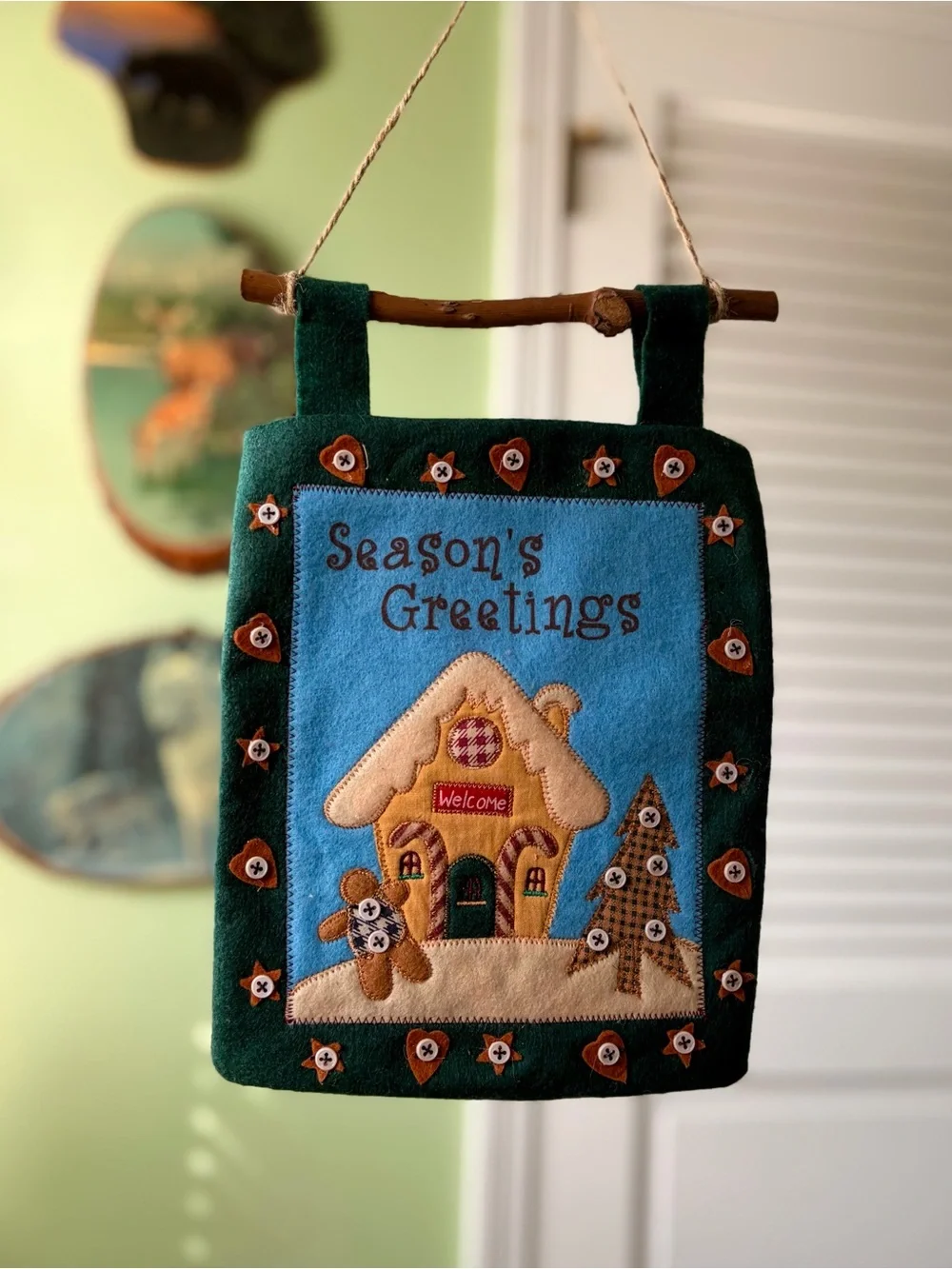 Season's Greetings Felt Holiday Wall Hanging - Green/Blue Gingerbread Man Cabin